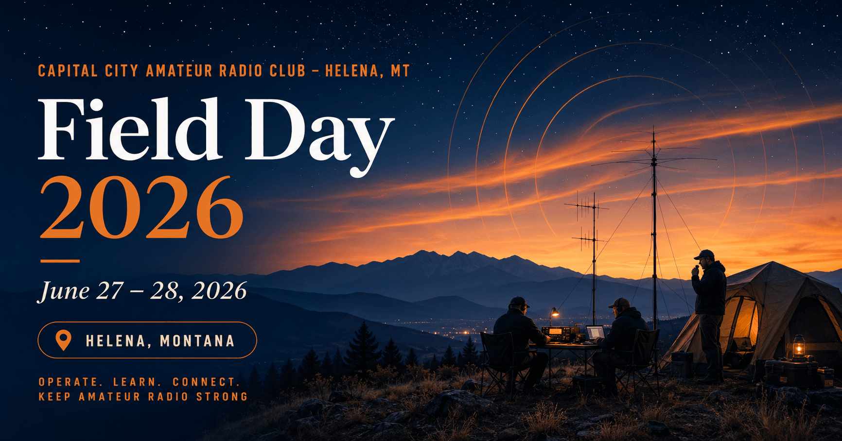 Capital City Amateur Radio Club Field Day 2026 flyer for June 27-28, 2026 in Helena, Montana