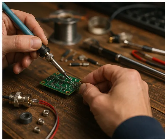 Electronics workbench with circuit board and soldering tools