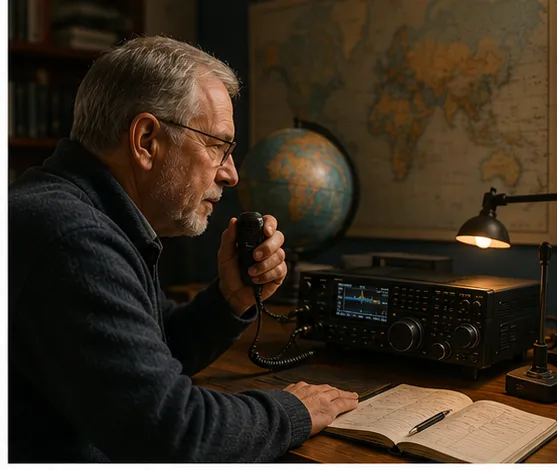 Amateur radio operator at a radio desk with global contact equipment